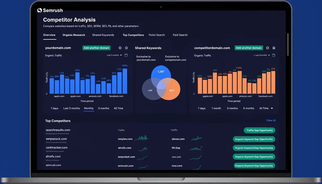 Semrush Competitor Analysis Tool dashboard showing domain comparison, traffic charts and keyword gap analysis|Semrush Competitor Analysis Tool — Complete 2026 Review