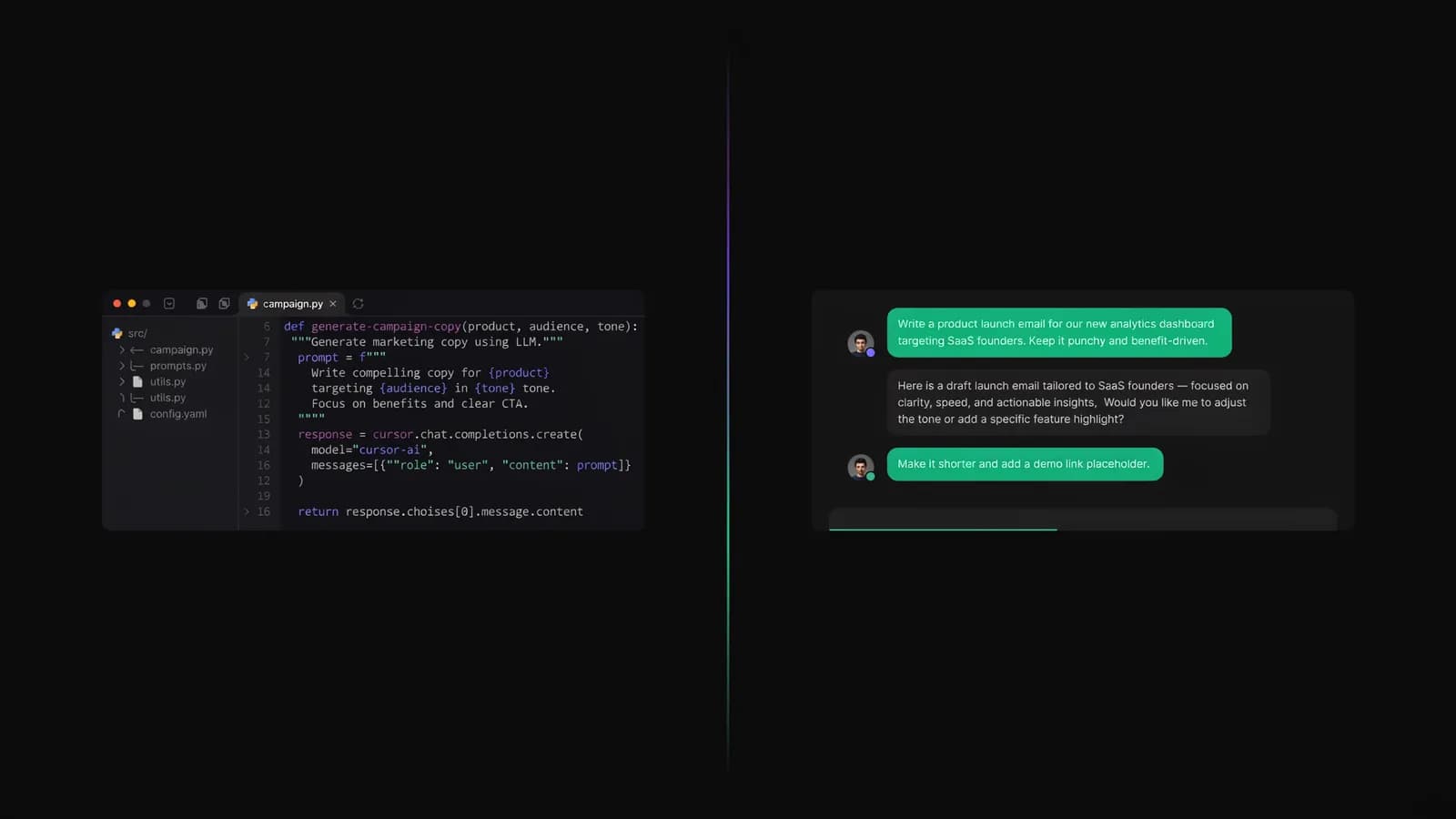 Cursor for Marketing: split-screen showing a code editor interface on the left and a marketing chat interface on the right — visual metaphor for technical vs marketing-native AI tools