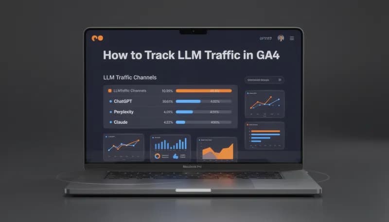 GA4 LLM traffic channel groups dashboard — ChatGPT, Perplexity, Claude sessions, dark UI